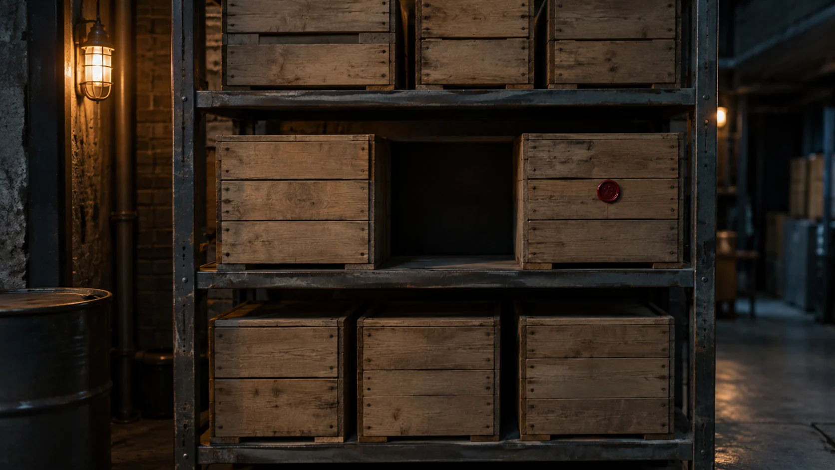 A stack of numbered wooden crates in a store room where one number in the sequence is skipped.