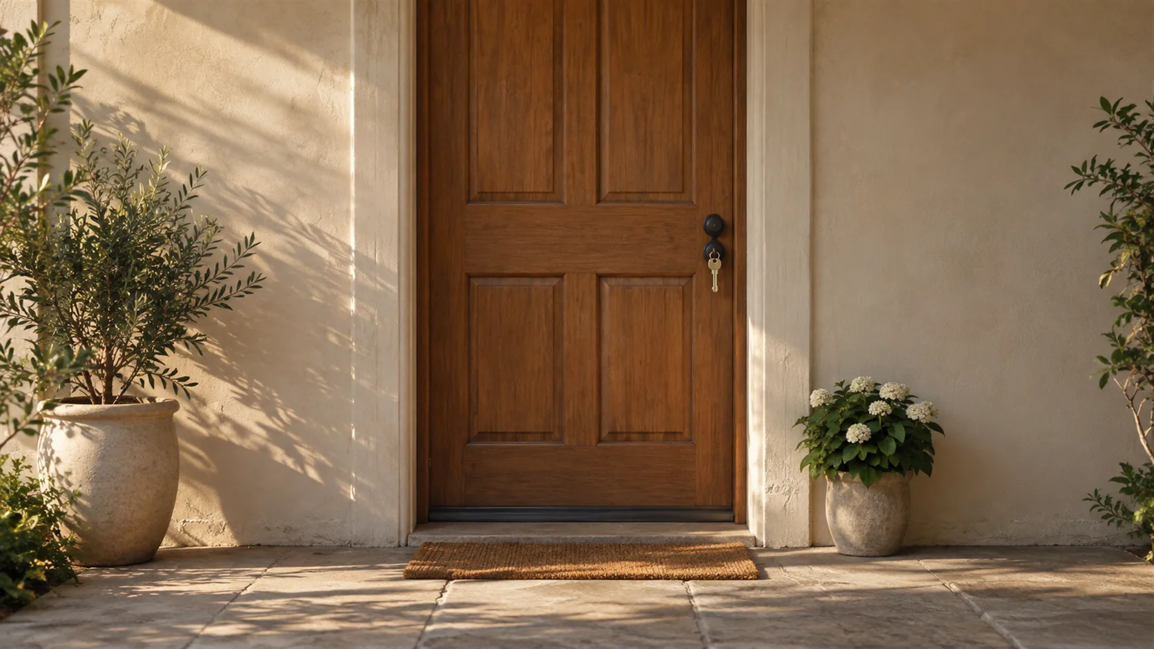 A front door pulled closed with the key still in the lock on the outside.