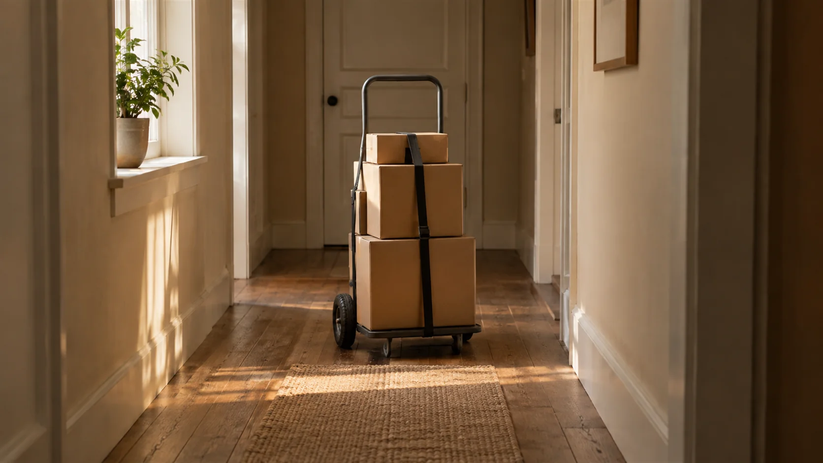 A delivery trolley left standing mid-corridor with its load still strapped down.
