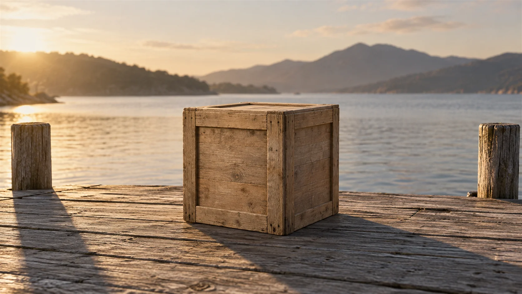 A sealed wooden crate standing alone on a dock with no label on any face.