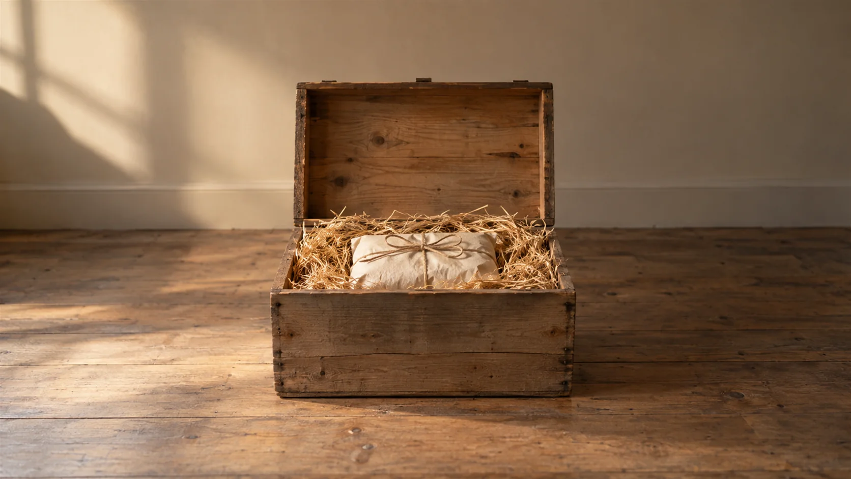 A crate opened to show densely packed straw with one wrapped object nested inside.