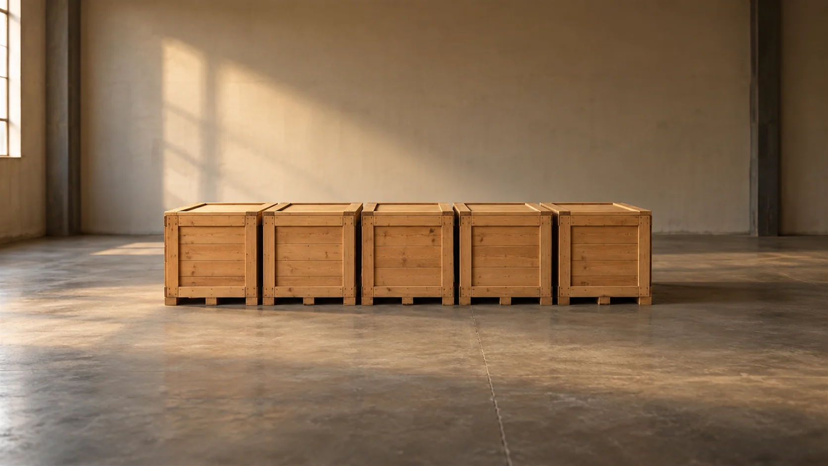 A row of identical sealed crates in a warehouse, all the same size and unmarked.