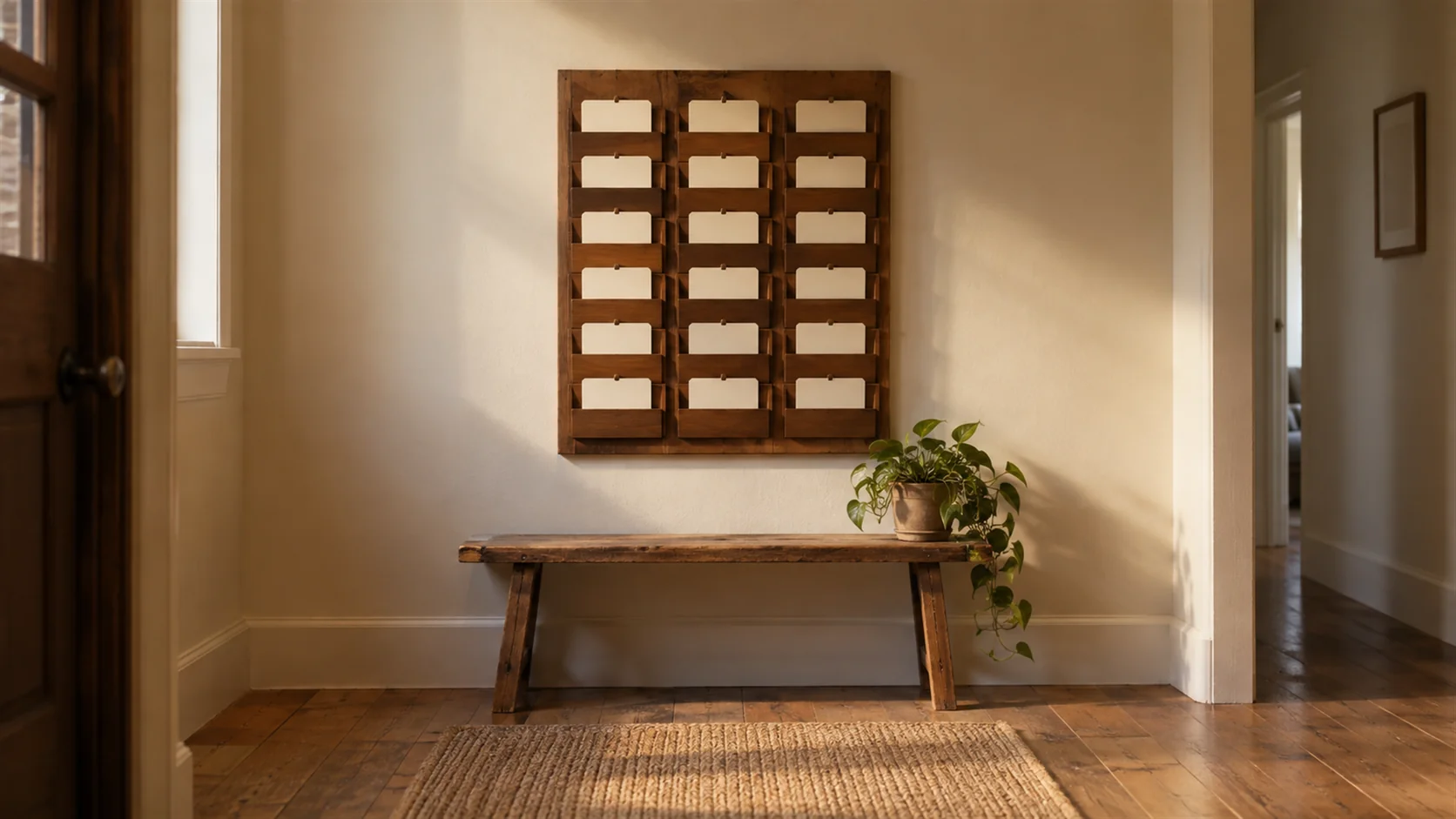 A duty roster board of slotted cards in a corridor, the cards blank.
