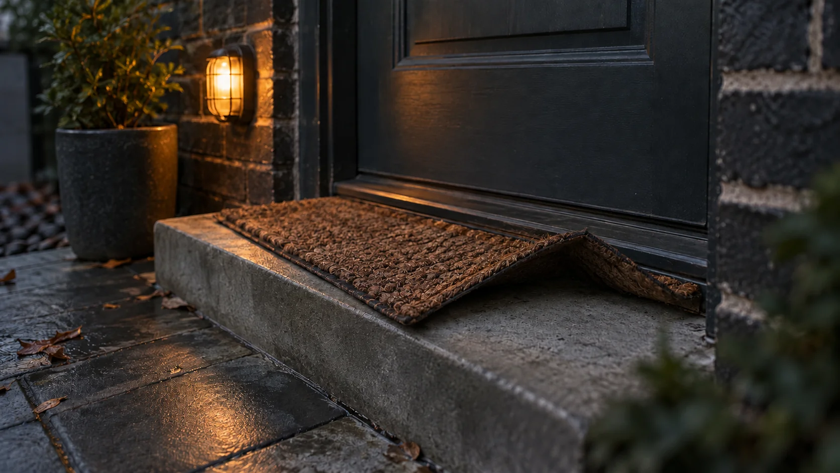 A doormat lifted at one corner to show the bare step underneath where a spare key should be.