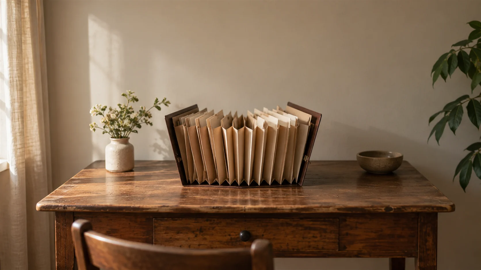 A concertina expanding file opened wide on a desk, its pleats fully drawn out.