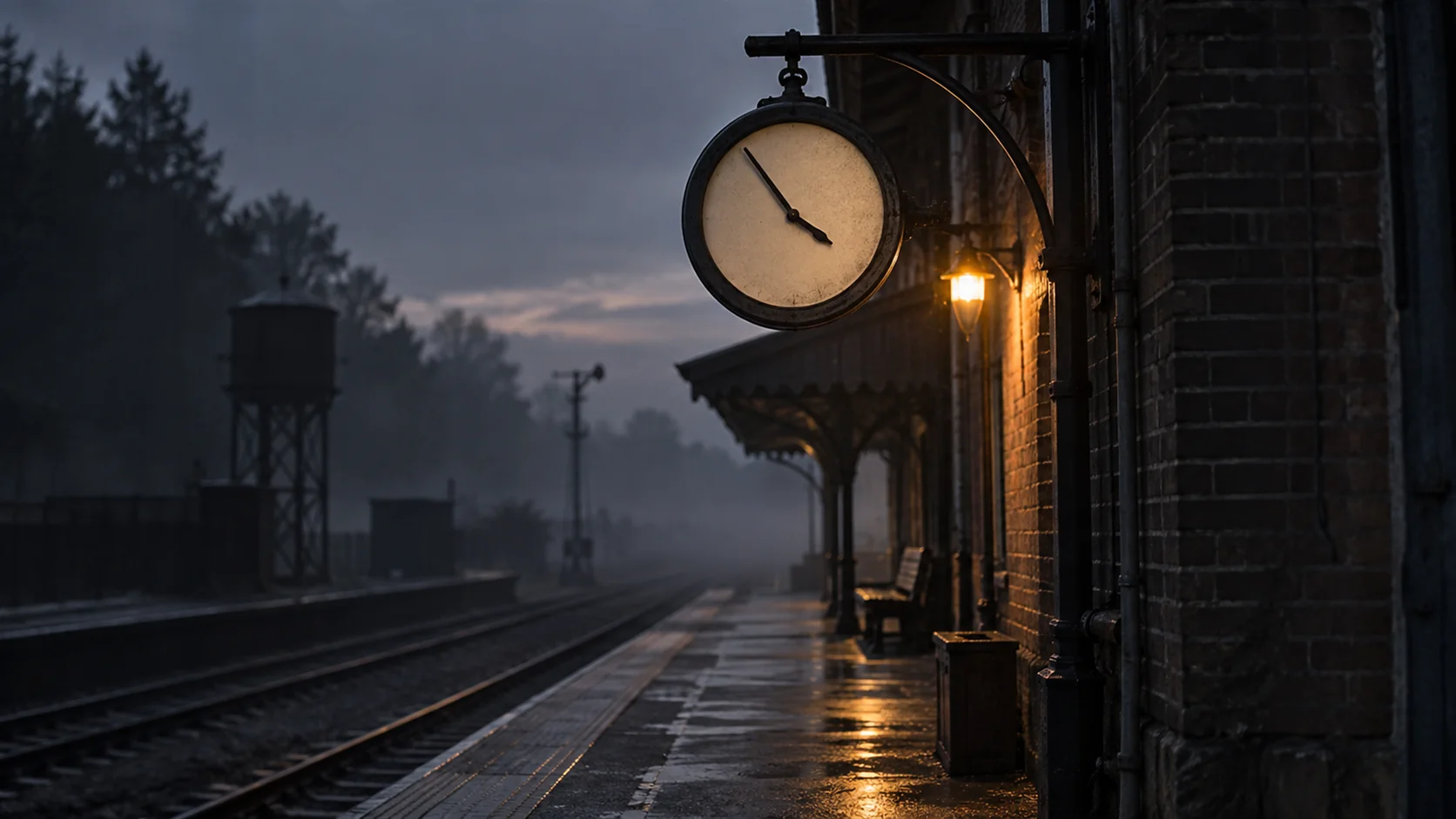 A station platform clock on an empty platform, its hands at a late hour, mist along the track.