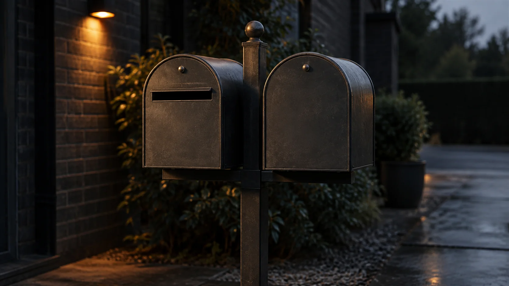 Two identical mailboxes mounted on a single post, the second one with no slot cut into its face.