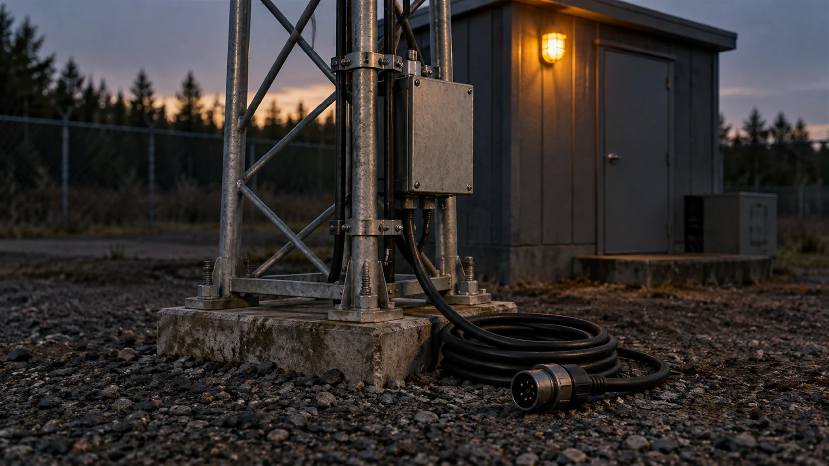 A radio mast on a hillside at dawn with its feeder cable disconnected and coiled at the base.