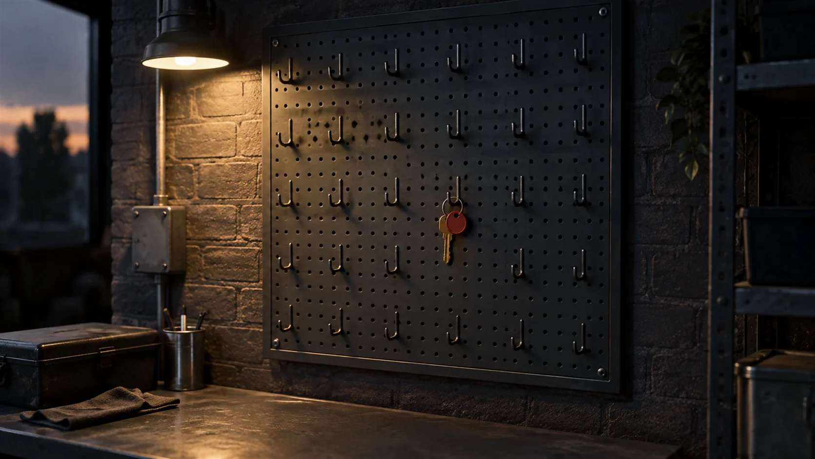 A pegboard of hooks in a back office with every hook empty except one.