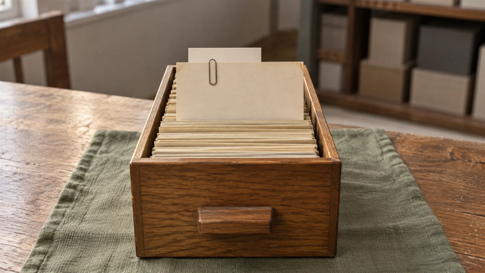 An open card index drawer with one card lifted, a second smaller card paper-clipped behind it.