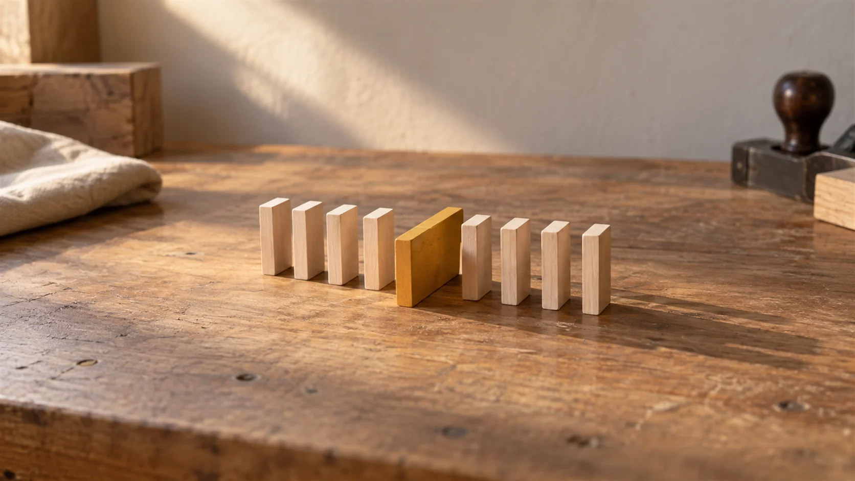 A line of standing dominoes interrupted by one solid wooden block set across the run.