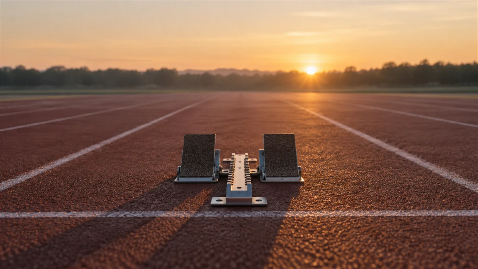 Empty sprinter's starting blocks on a running track at dawn, nothing else on the track.