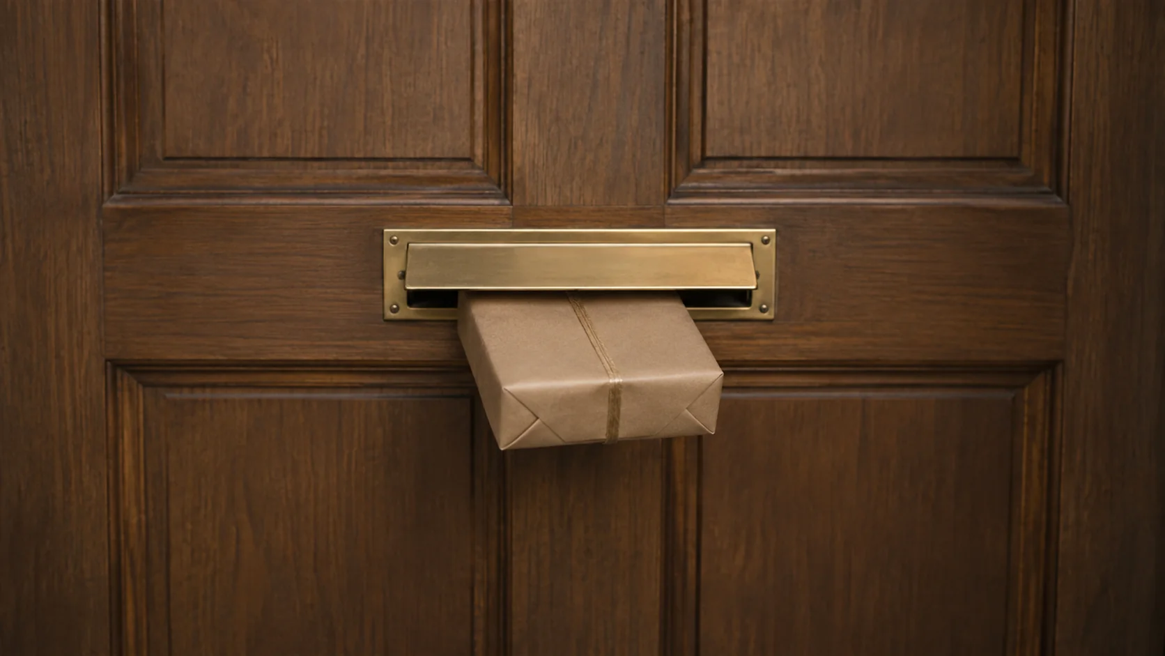 A wrapped parcel halfway through a brass letter slot in a panelled wooden door.