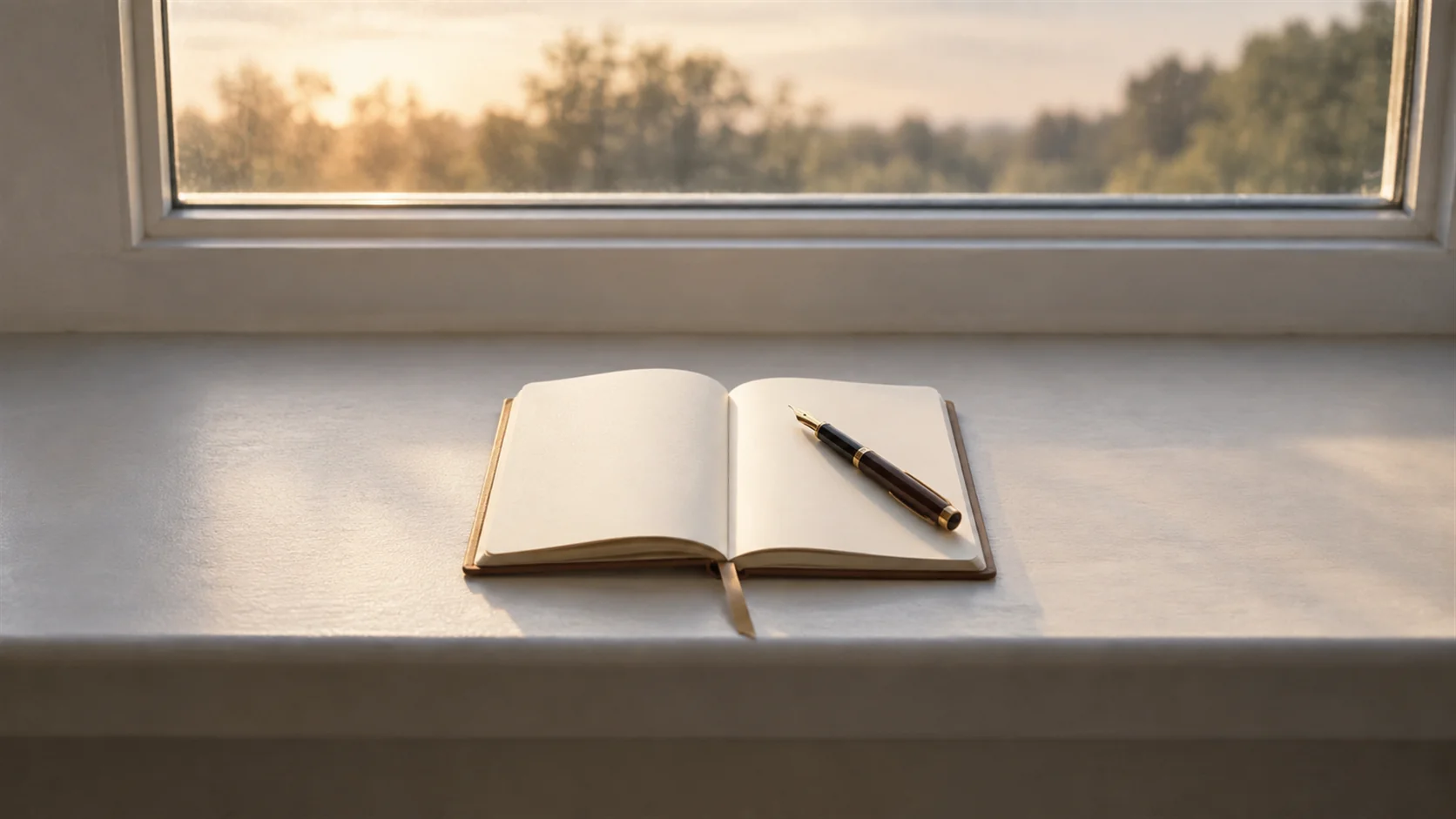 A blank open notebook and a fountain pen on a windowsill in early morning light.