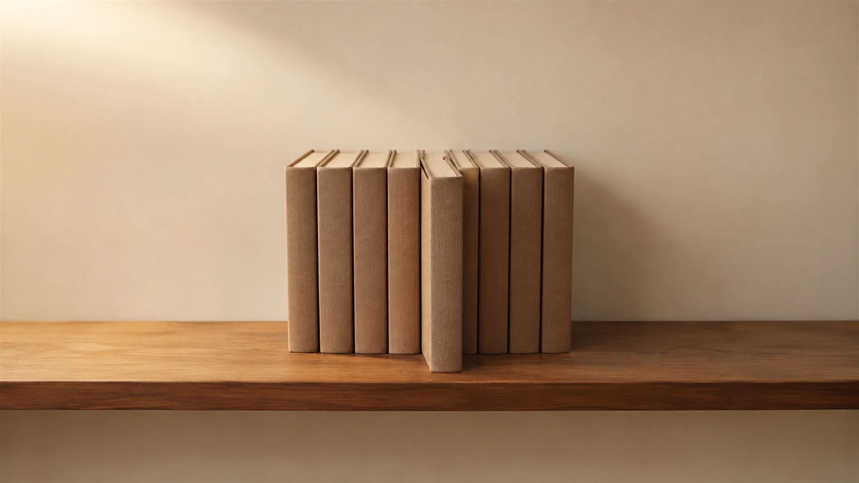 A long shelf of identical bound journals with one volume pulled out slightly further than the rest.