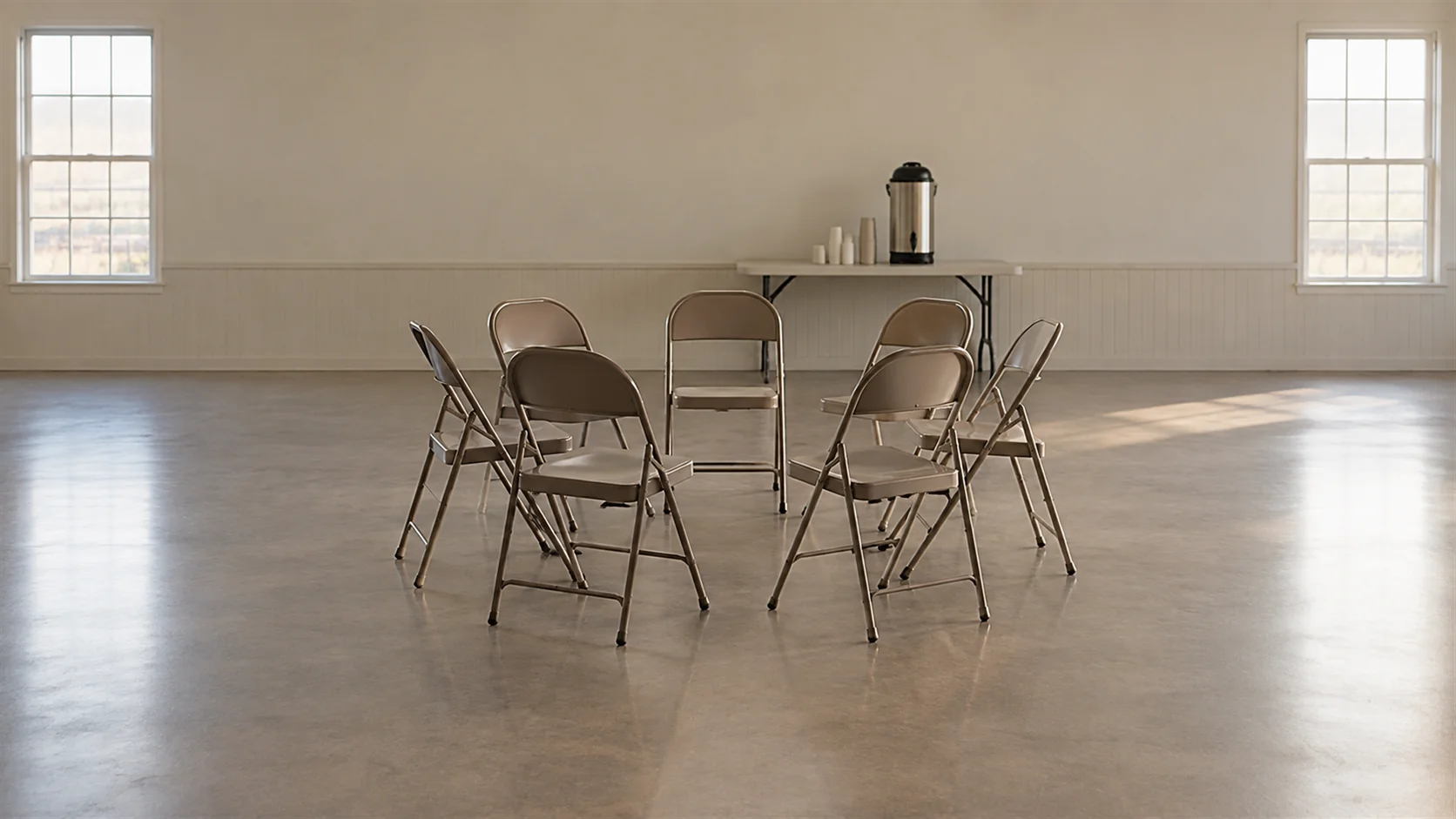 Folding chairs set out in a circle in a community hall with a coffee urn on a side table.