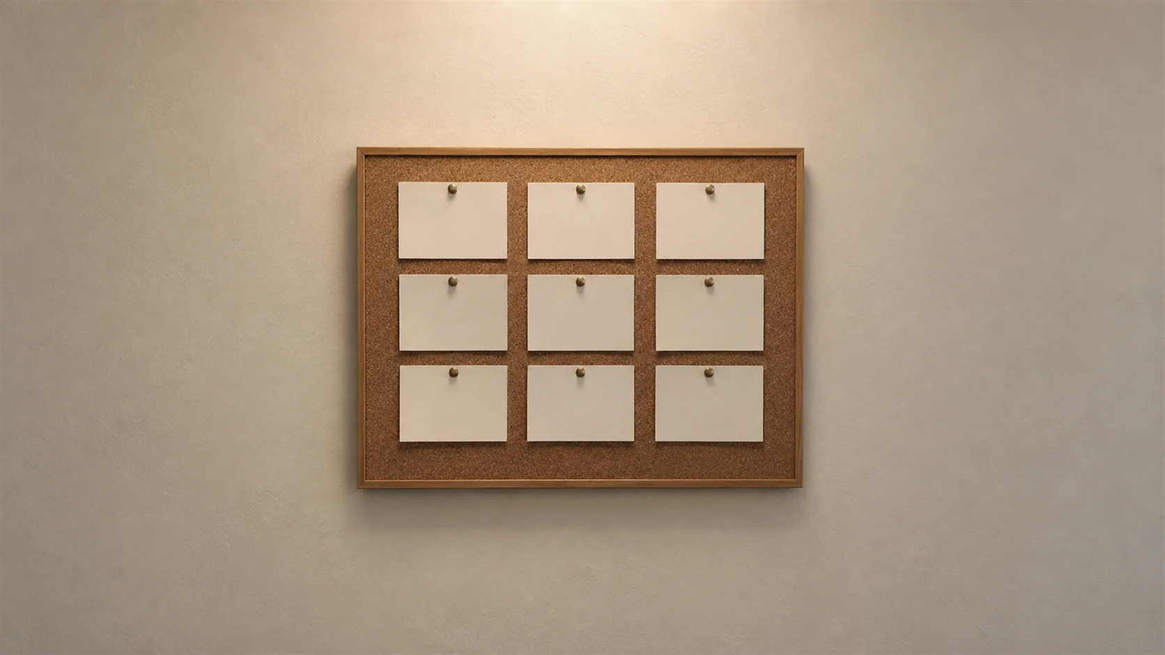 A cork noticeboard with blank cards pinned in neat rows.