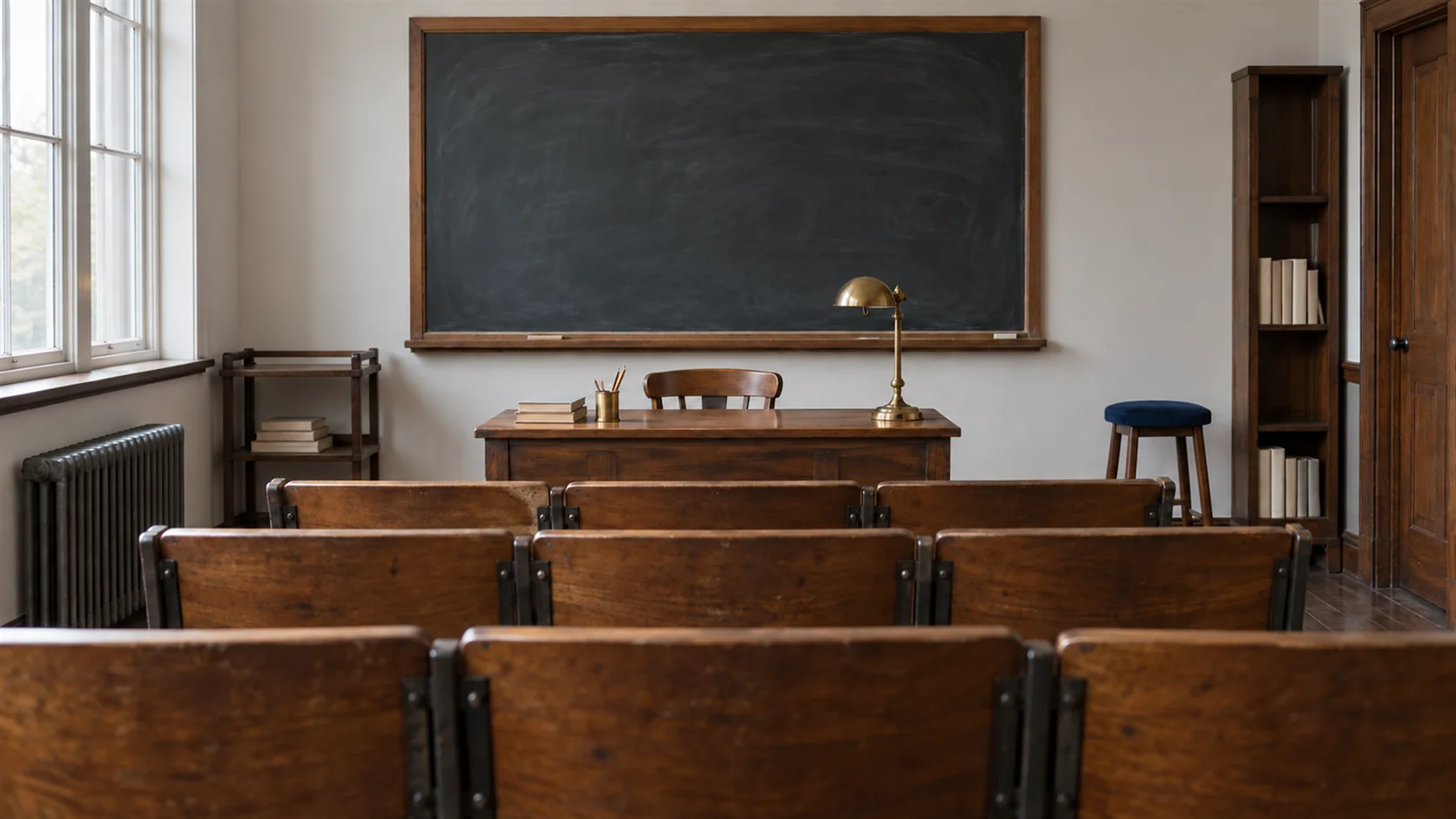 A lecture hall of empty wooden fold-down seats facing a freshly washed blackboard.