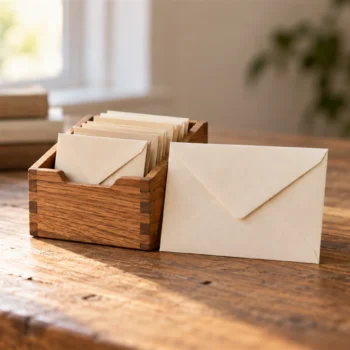 A wooden storage box holding several small plain envelopes beside one larger closed envelope.