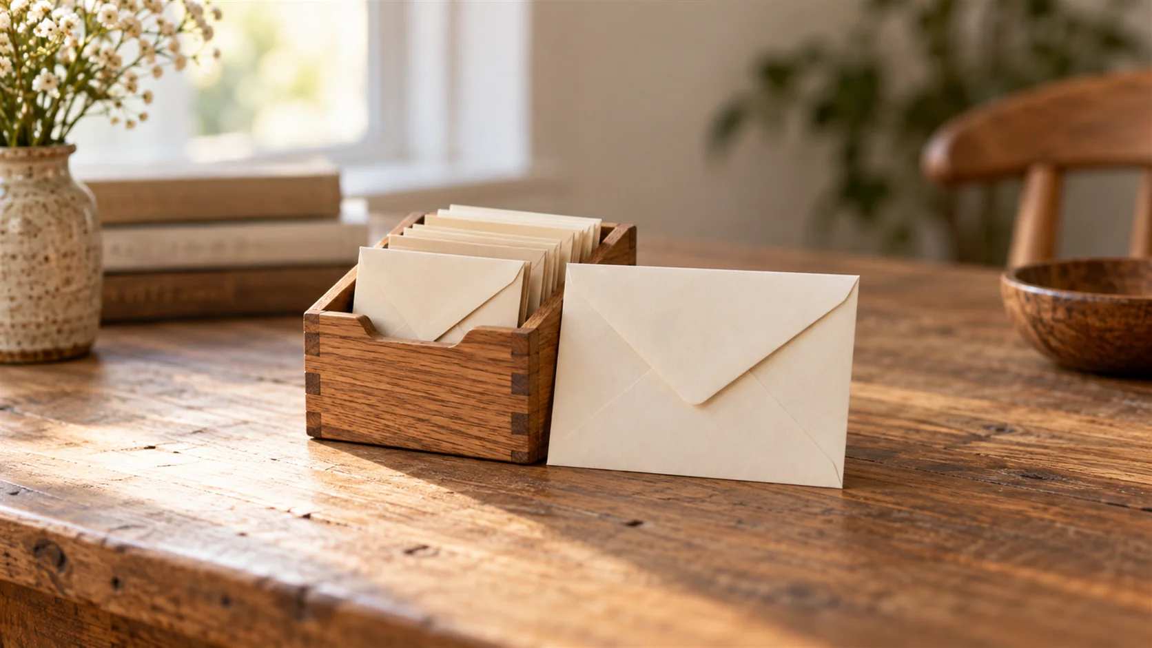 A wooden storage box holding several small plain envelopes beside one larger closed envelope.