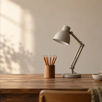 A small desk organizer holds neatly arranged pencils beside a plain adjustable reading lamp.
