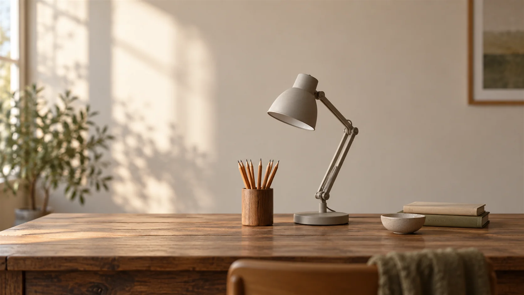 A small desk organizer holds neatly arranged pencils beside a plain adjustable reading lamp.