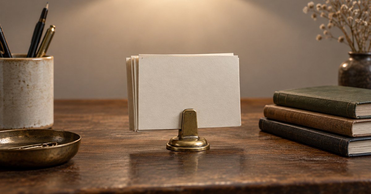 A small stack of blank index cards propped upright in a brass stand on a desk