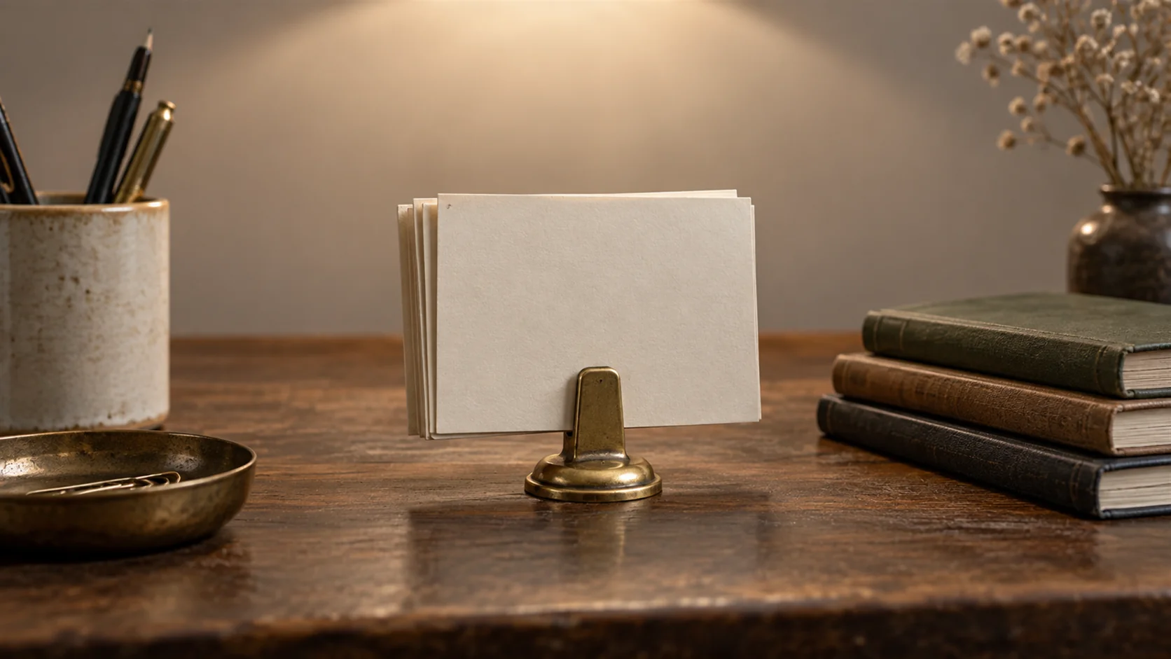 A small stack of blank index cards propped upright in a brass stand on a desk