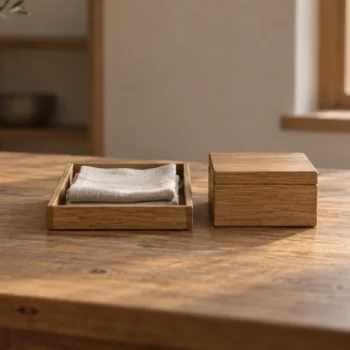 A shallow wooden sorting tray holding plain folded fabric beside a closed storage box on a table.