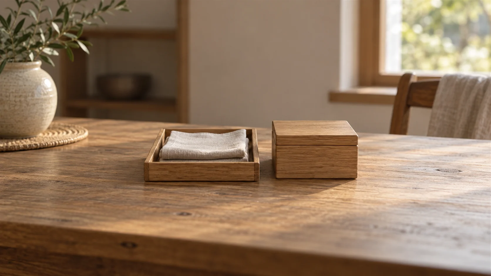 A shallow wooden sorting tray holding plain folded fabric beside a closed storage box on a table.