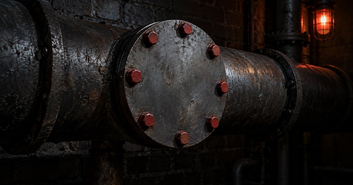 A steel patch plate bolted over a pipe, its new bolts painted red