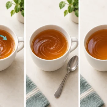Three views of tea: stirring with a spoon, swirling after removal, and gradually settling.
