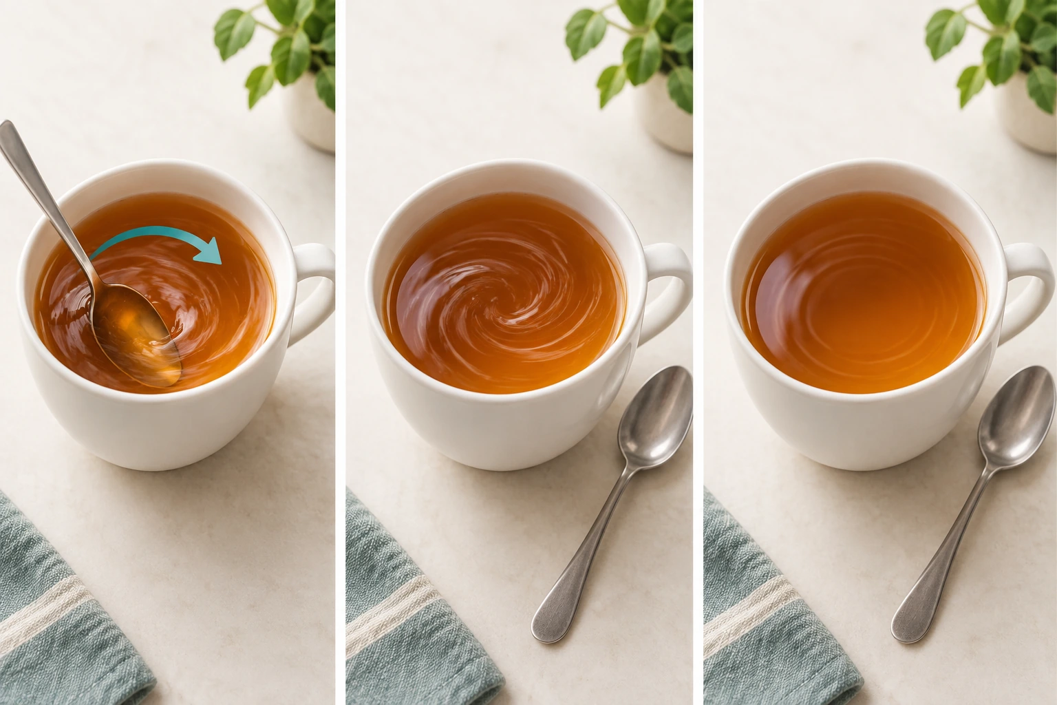 Three views of tea: stirring with a spoon, swirling after removal, and gradually settling.