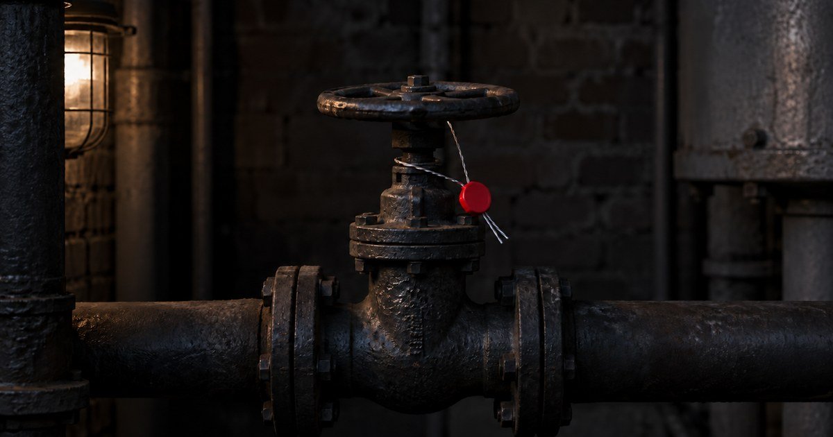A stopcock wired shut with a red seal on a pipe in a plant room