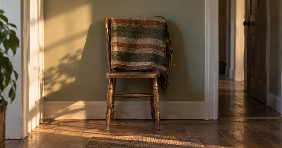 A striped wool blanket over a chair, its stripes blending into the wall behind
