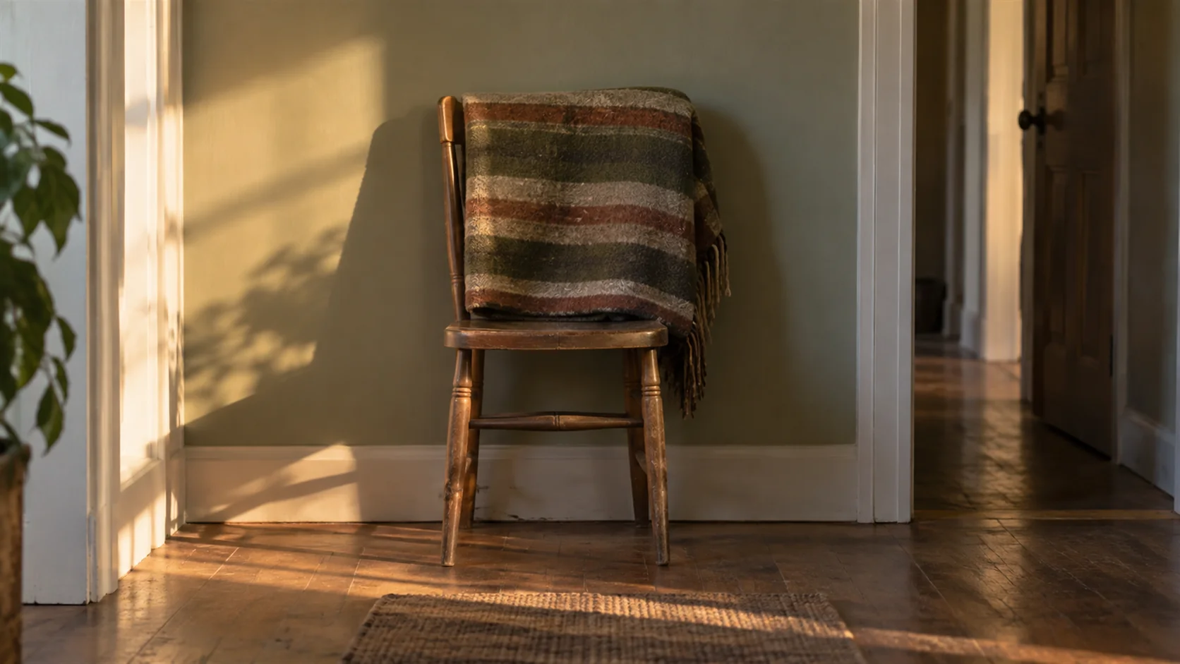 A striped wool blanket over a chair, its stripes blending into the wall behind