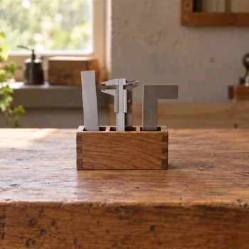 A compact wooden organizer holding several simple measuring tools on a softly lit workbench.