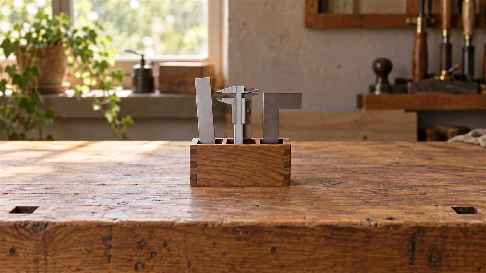 A compact wooden organizer holding several simple measuring tools on a softly lit workbench.