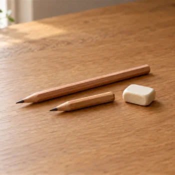 A worn wooden pencil beside a fresh pencil and a small plain eraser on a tidy desk.