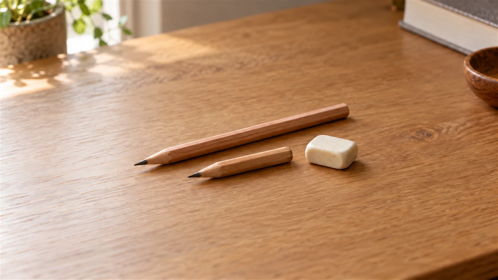 A worn wooden pencil beside a fresh pencil and a small plain eraser on a tidy desk.