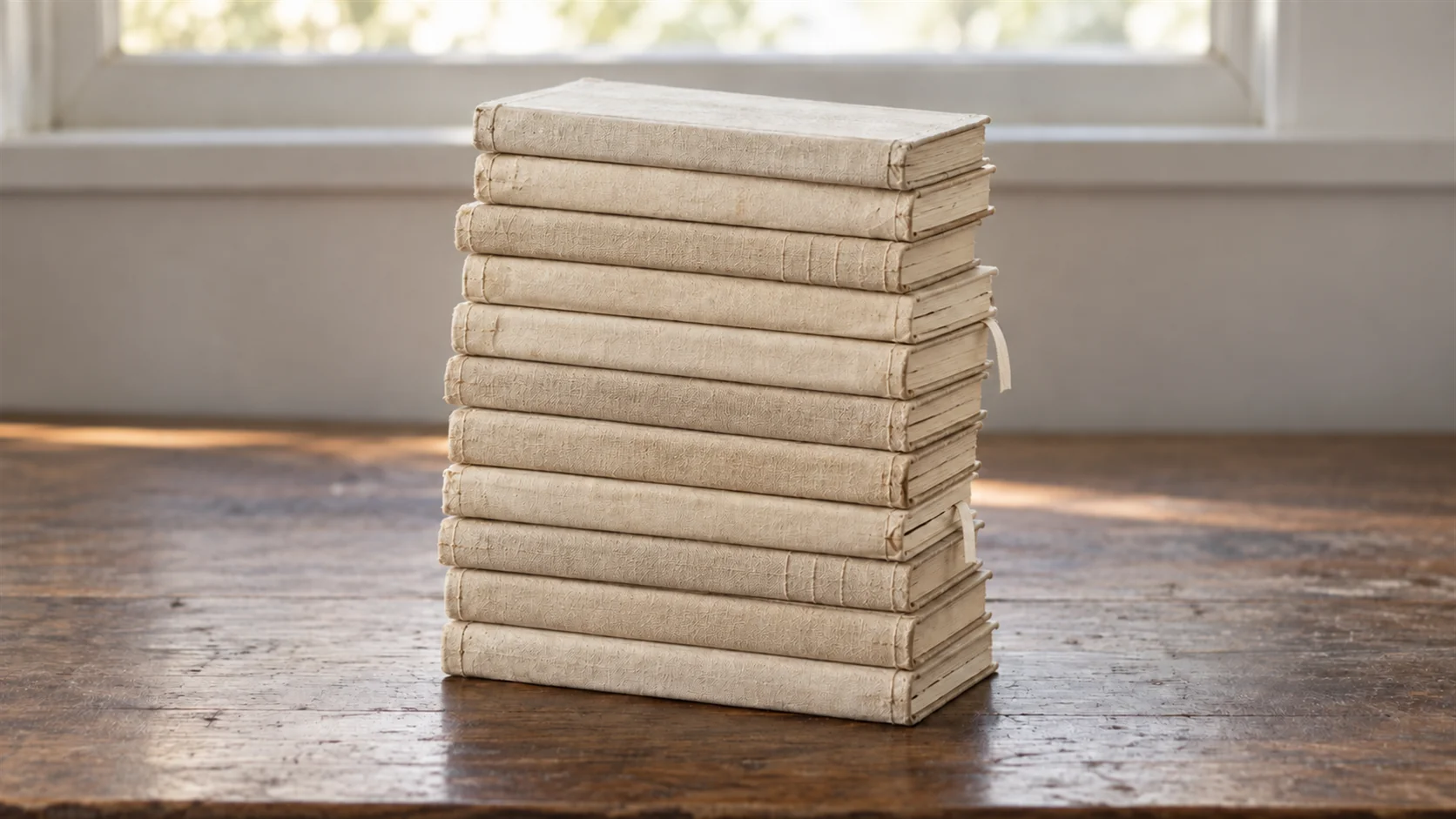 A tall stack of cream cloth bound books on a wooden table by a window