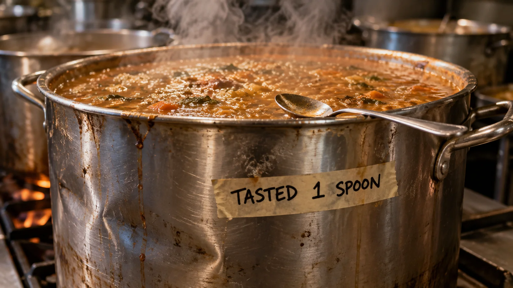 An enormous stockpot of soup with one tasting spoon on the rim and masking tape on the side reading TASTED 1 SPOON