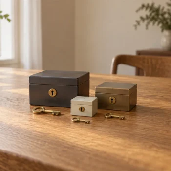 Three small plain lockboxes of different sizes with separate brass keys grouped on an oak table.