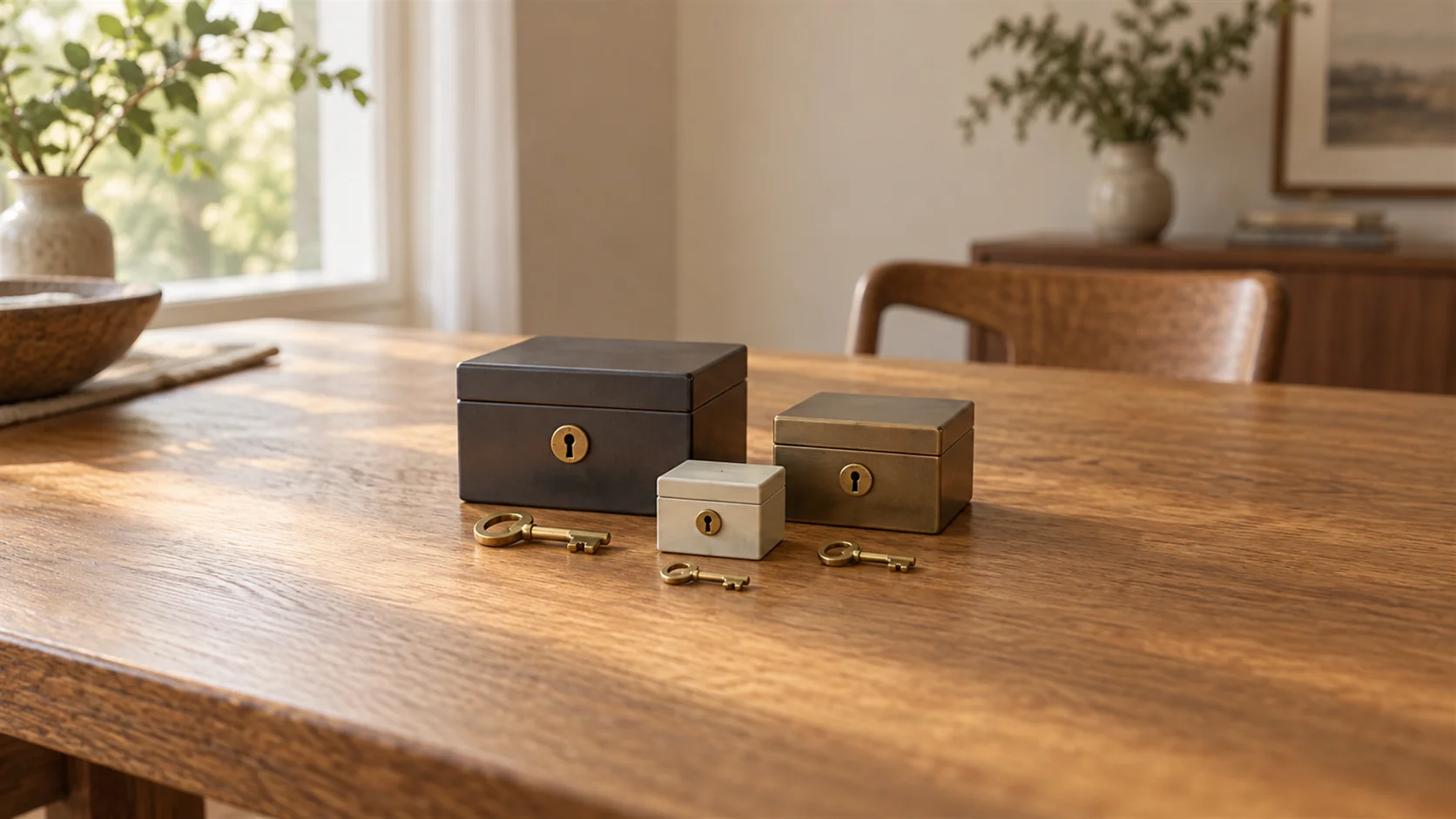 Three small plain lockboxes of different sizes with separate brass keys grouped on an oak table.