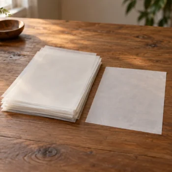 A stack of plain translucent paper sheets beside one fresh blank sheet on a wooden table.