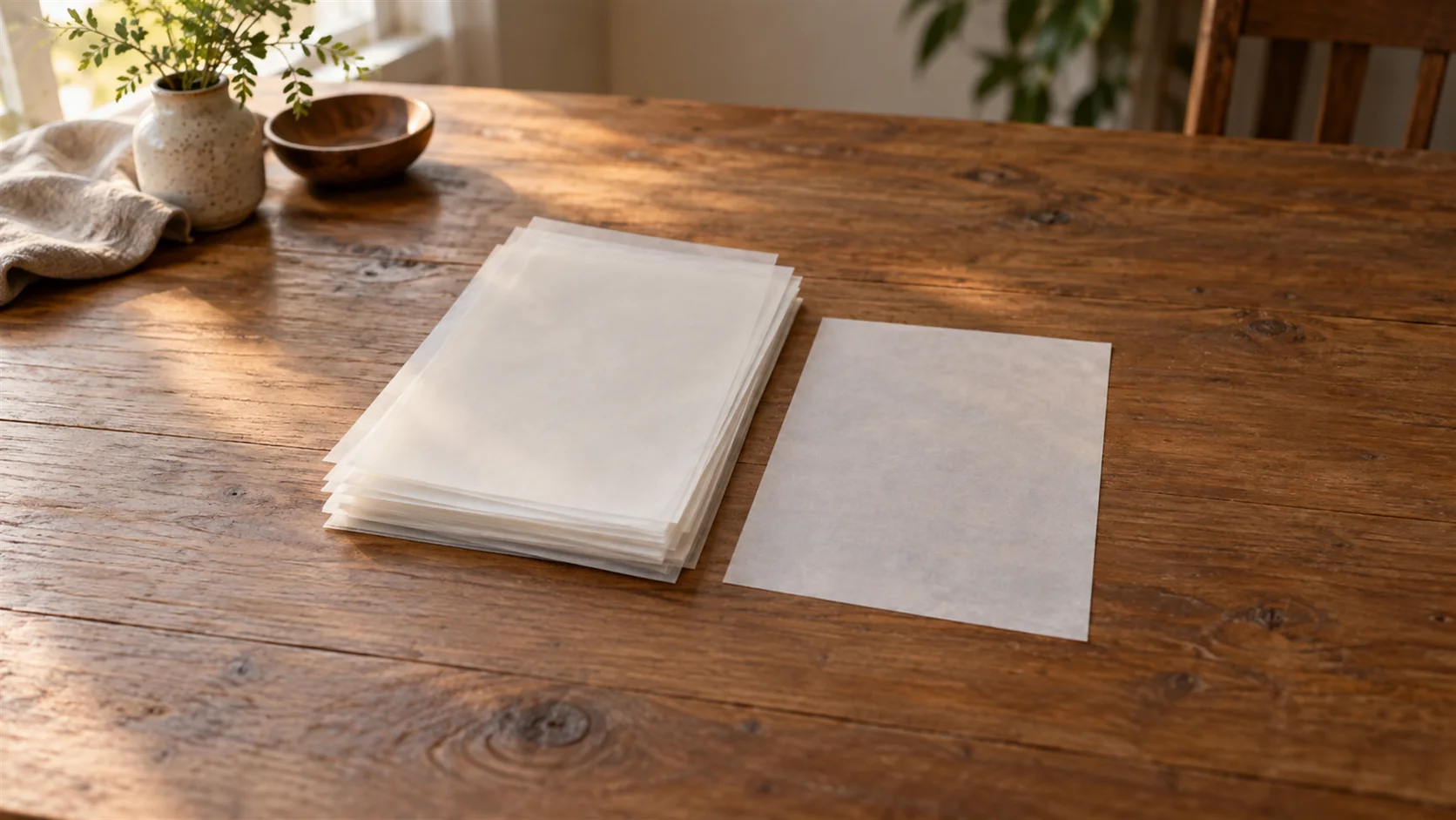 A stack of plain translucent paper sheets beside one fresh blank sheet on a wooden table.