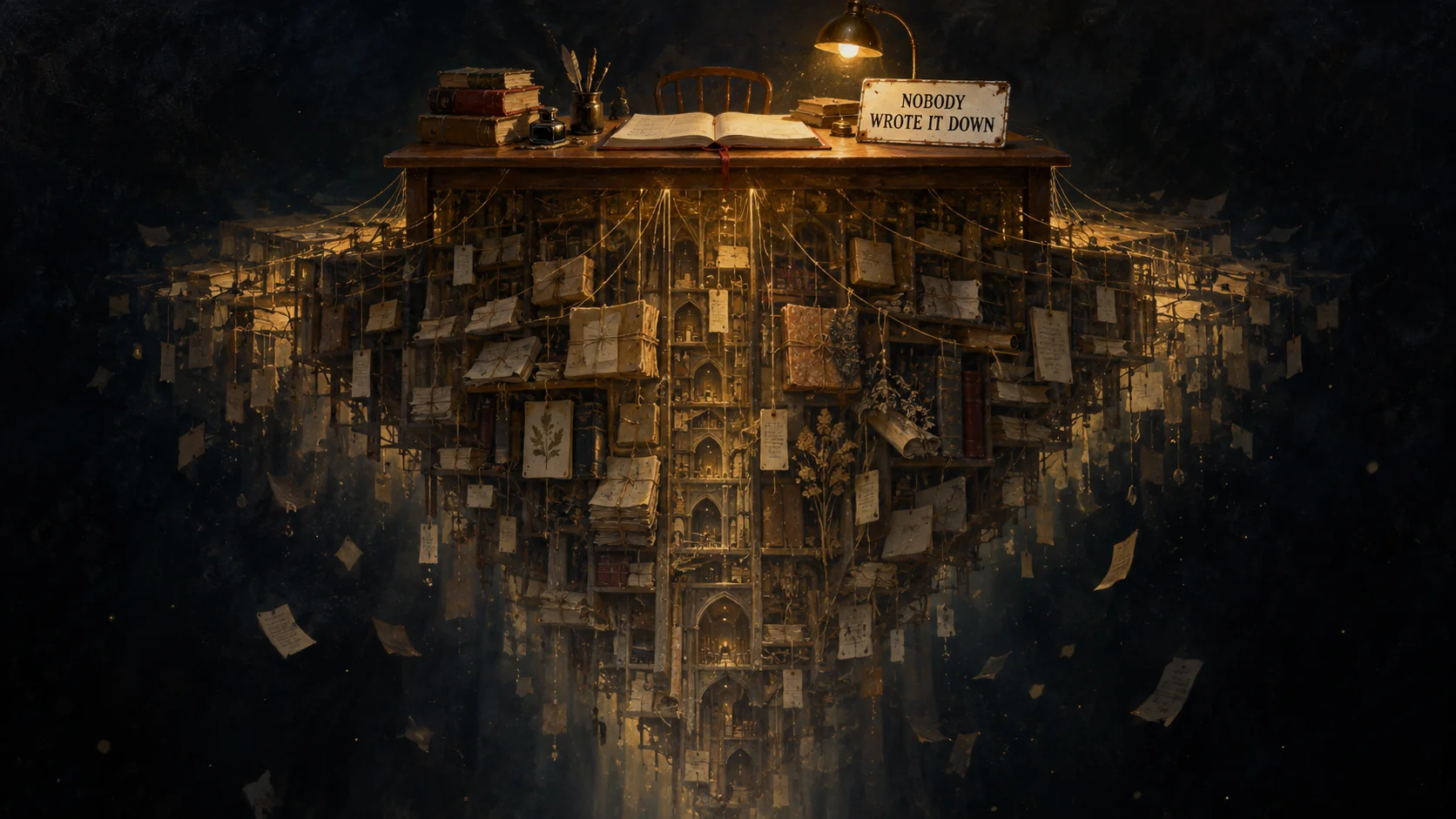 Painting of a small tidy writing desk floating in the dark, held up by an enormous fading structure of shelves, letters and index cards below it, with an enamel sign on the desk reading NOBODY WROTE IT DOWN.