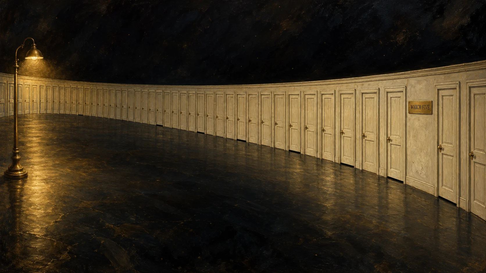 Painting of a long curved wall of one hundred identical cream doors, five of them leaking darkness underneath, with a small metal plate reading WHICH FIVE.