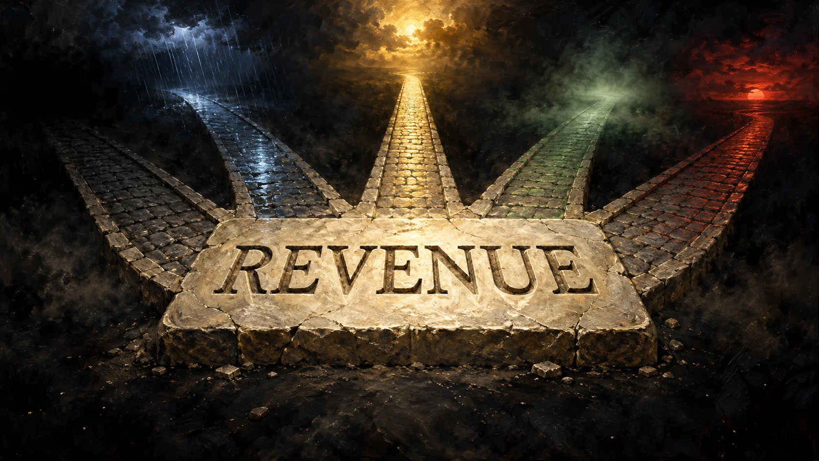 Painting of the word REVENUE chiselled into a stone slab, with five equally well-built stone roads leading away from it, each under its own different light and weather.