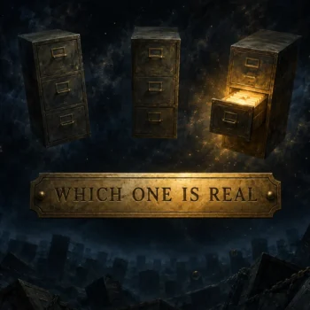 Painting of five identical filing cabinets floating in dark space. Four are cold and sealed, one glows from a half-open drawer, and a brass plaque in front reads WHICH ONE IS REAL.